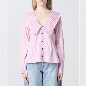 Ganni Moonlight Mauve Stripe Cotton Frill Collar Shirt, size 40.